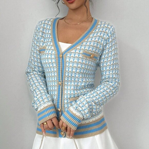 Blue Casual Women's Contrast Color Long Sleeve Cardigan - Picture 1 of 6